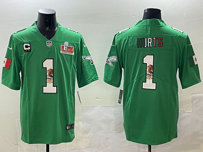 Men's Green Philadelphia Eagles #1 Jalen Hurts Mexico 2025 Super Bowl LIX Patch And 3-star C Patch Vapor Untouchable Limited Stitched Football Jersey